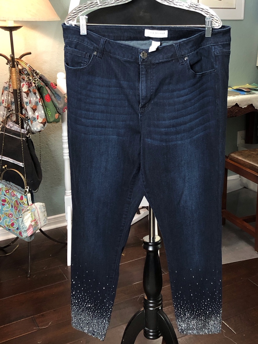 Dark Blue Women's Jeans with Ombre Sparkle Hem